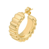 Puff Corrugated Open Hoop Earrings - 14K Yellow Gold Post & Nut Closure - by Dazyle