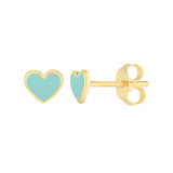 Lt.Turquoise Enamel Heart Stud Earrings - 14K Yellow Gold - by Dazyle