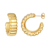 Puff Corrugated Open Hoop Earrings - 14K Yellow Gold Post & Nut Closure - by Dazyle
