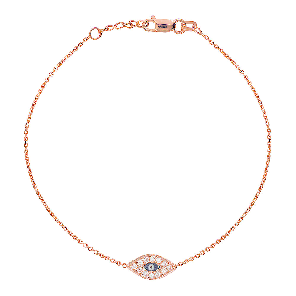 14K Rose Gold Cubic Zirconia Evil Eye Bracelet. Adjustable Diamond Cut Cable Chain 7" to 7.50"