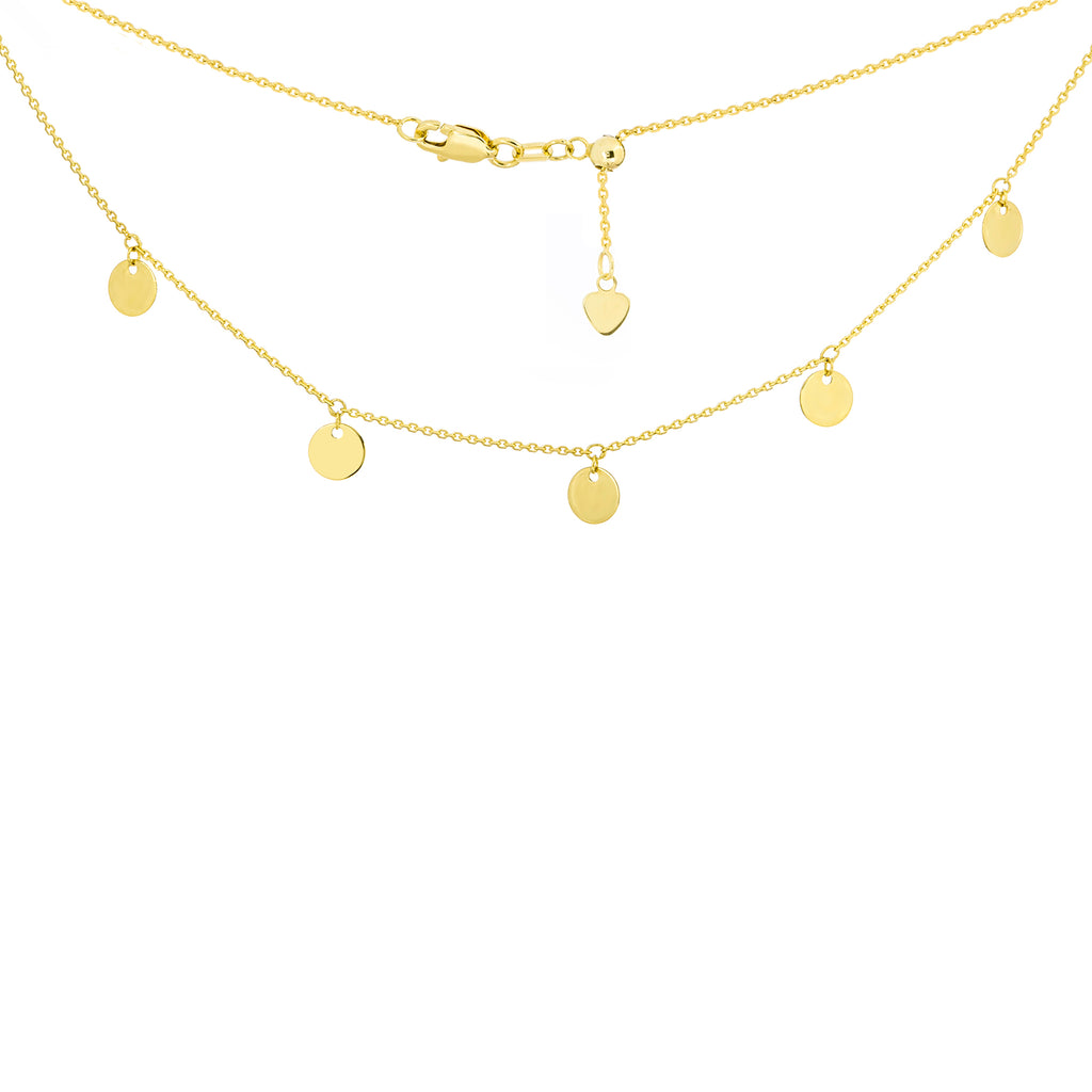 14K Yellow Gold 5 Spaced Shiny Dangeling Disks Charms Choker Necklace. Adjustable 10"-16"