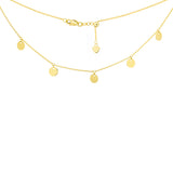 14K Yellow Gold 5 Spaced Shiny Dangeling Disks Charms Choker Necklace. Adjustable 10"-16"