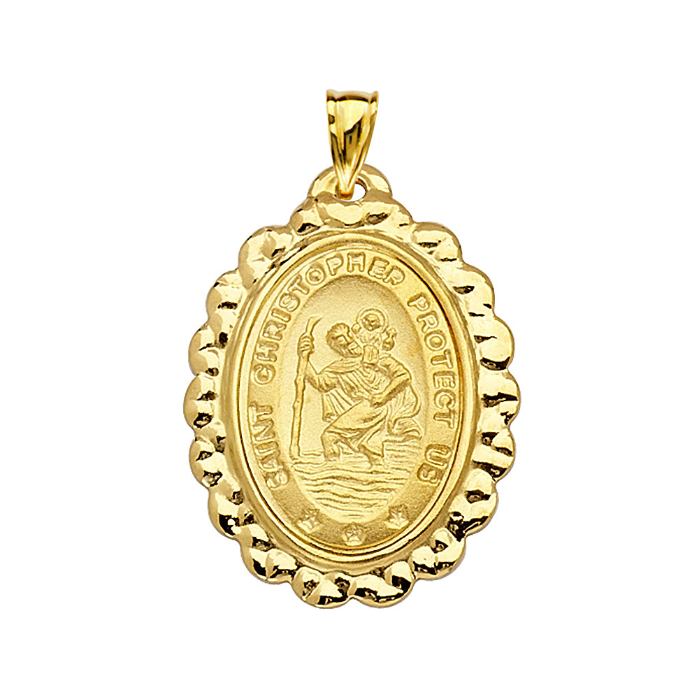 14K Yellow Gold Saint Christopher Framed Oval Medal With Text Saint Christopher. Protect us