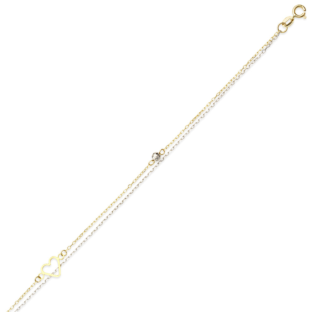14K Two Tone Gold Double Chain Open Heart Anklet Adjustable 9" to 10" length