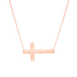 14K Rose Gold Diamond Cut Sideways Cross Necklace. Adjustable Cable Chain 16