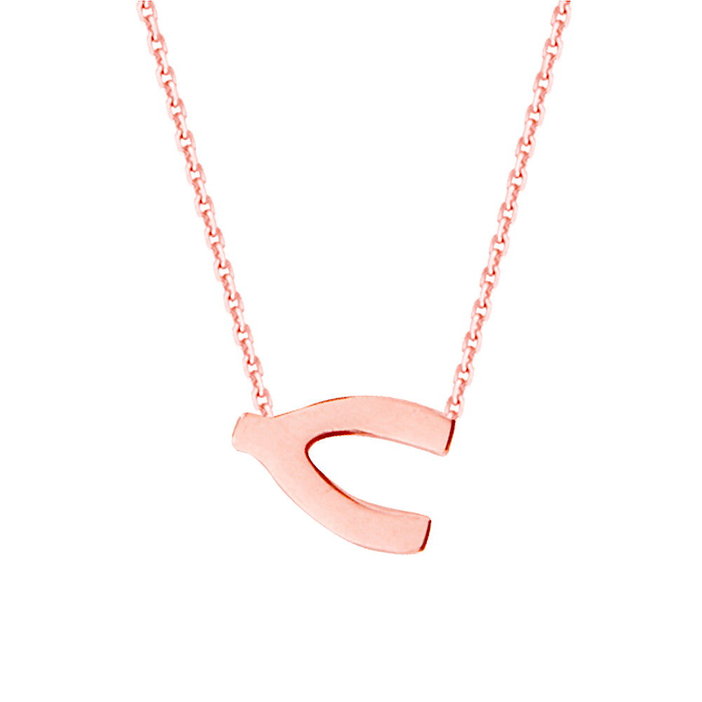 14K Rose Gold Sideways Wishbone Necklace. Adjustable Diamond Cut Cable Chain 16" to 18"