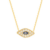 14K Yellow Gold Cubic Zirconia Evil Eye Necklace. Adjustable Diamond Cut Cable Chain 16" to 18"