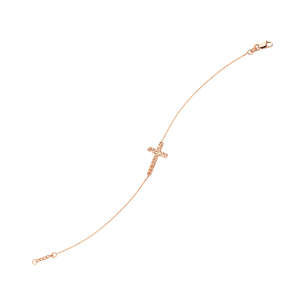 14K Rose Gold Diamond Cut Sideways Cross Bracelet. Adjustable Cable Chain 7" to 7.50"