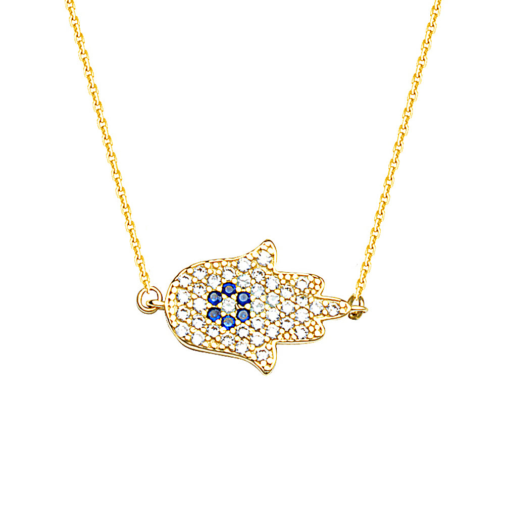 14K Yellow Gold Hamsa Hand Cubic Zirconia Necklace. Adjustable Cable Chain 16" to 18"