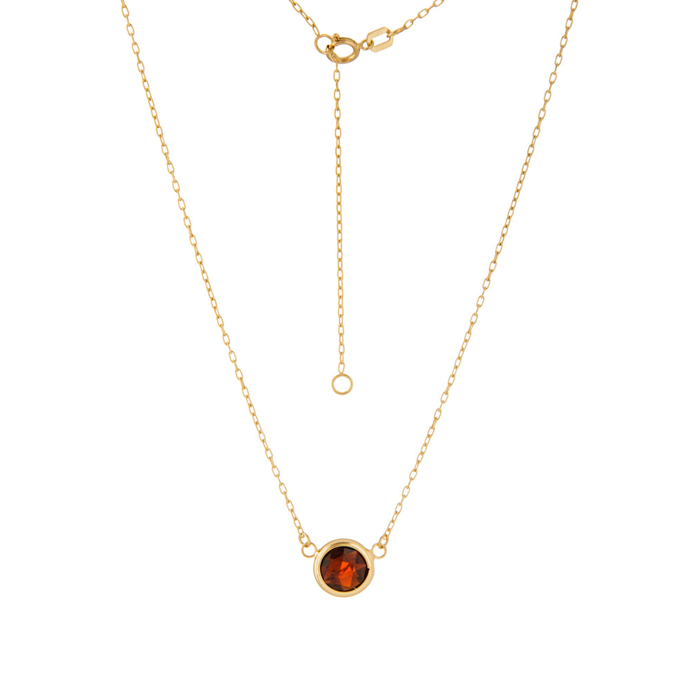 14K Yellow Gold Bezel Set Garnet Necklace. Adjustable Cable Chain 16" to 18"