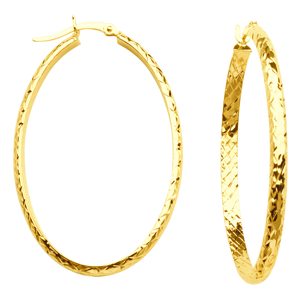 10K Yellow Gold 3 mm Diamond Cut Oval Hoop Earrings 28mmx42mm