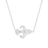14K White Gold Cubic Zirconia Fleur De Lis Necklace. Adjustable Diamond Cut Cable Chain 16" to 18"