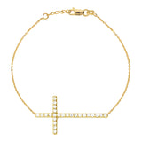 14K Yellow Gold Sideways Cross Cubic Zirconia Bracelet. Adjustable Cable Chain 7" to 7.50"