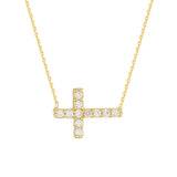 14K Yellow Gold Cubic Zirconia Sideways Cross Necklace. Adjustable Diamond Cut Cable Chain 16