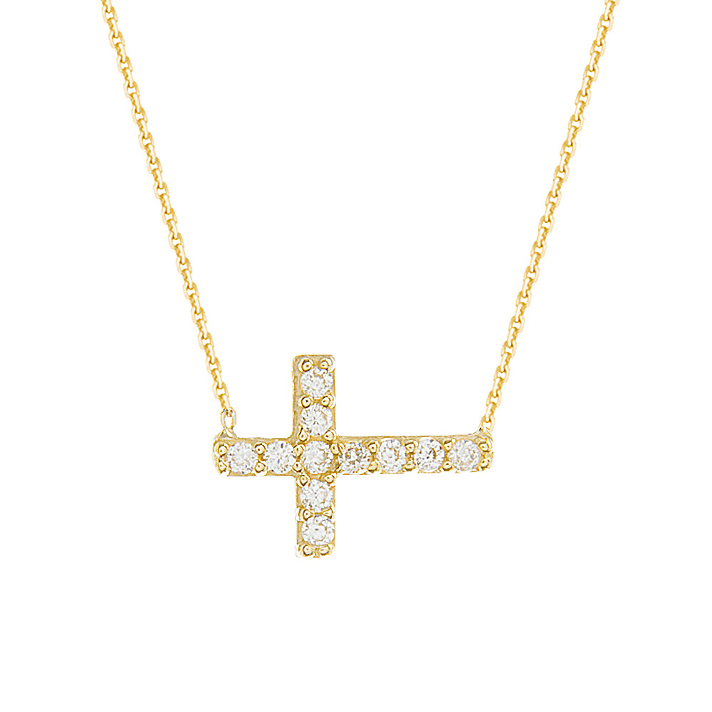14K Yellow Gold Cubic Zirconia Sideways Cross Necklace. Adjustable Diamond Cut Cable Chain 16" to 18"
