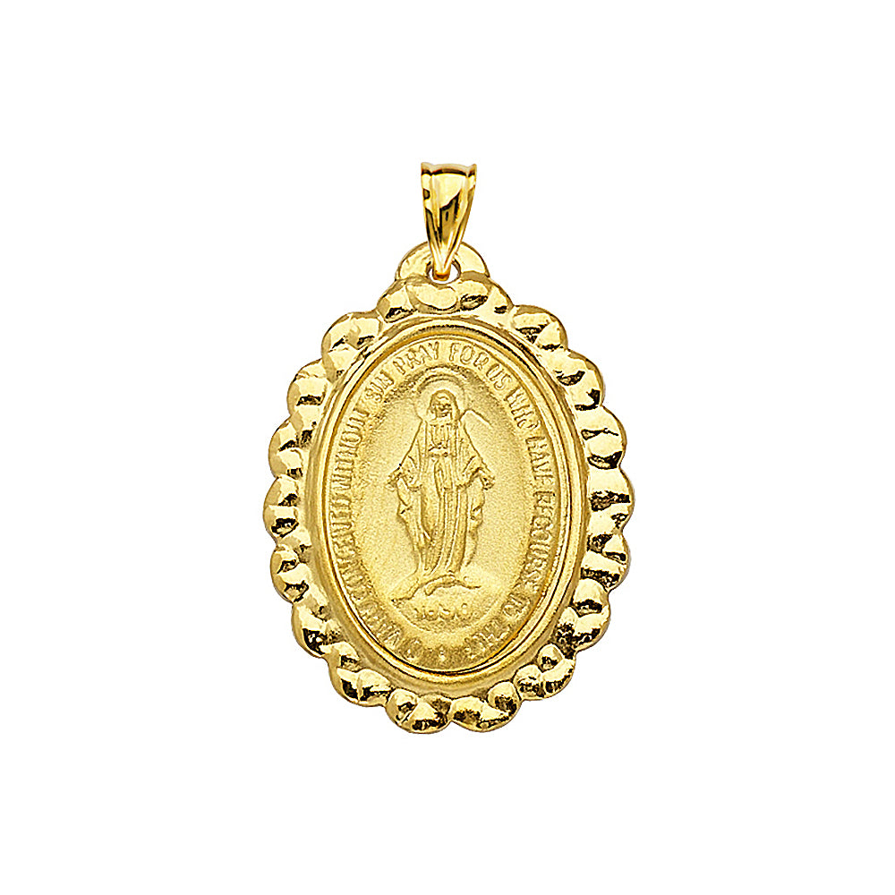14K Yellow Gold Mary Miraculous Framed Oval Medal With Text Mary conceived without sin pray for us who have recourse to thee