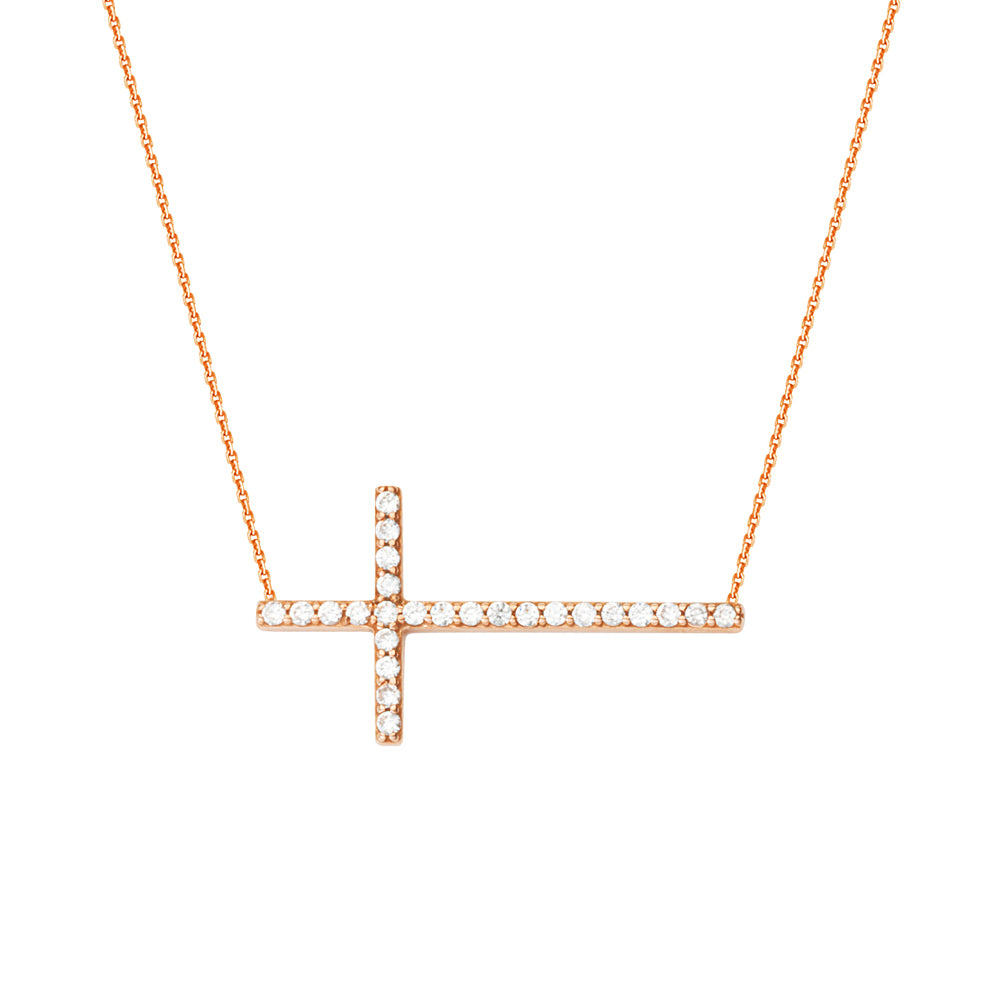 14K Rose Gold Sideways Cross Cubic Zirconia Necklace. Adjustable Cable Chain 16" to 18"