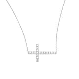 14K White Gold Sideways Cross Diamond Necklace. Adjustable Cable Chain 16" to 18"