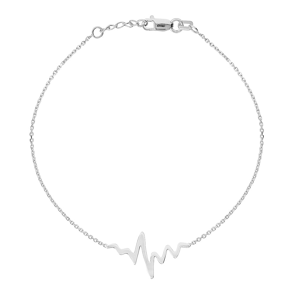 14K White Gold Heartbeat Bracelet. Adjustable Diamond Cut Cable Chain 7" to 7.50"