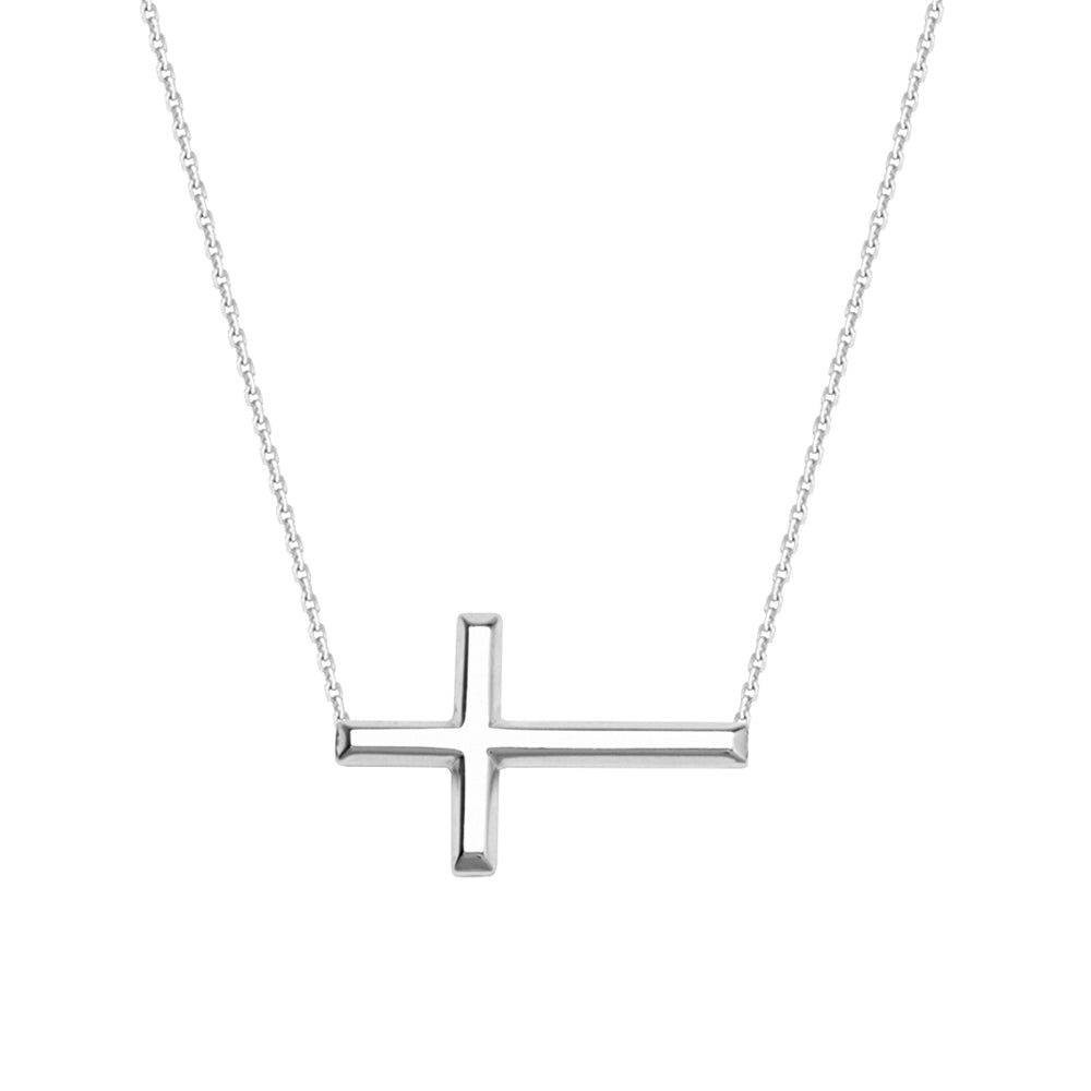 14K White Gold Sideways Cross Necklace. Adjustable Cable Chain 16" to 18"