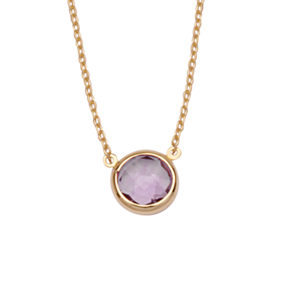 14K Yellow Gold Bezel Set Amethyst Necklace. Adjustable Cable Chain 16" to 18"