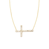 14K Yellow Gold Sideways Cross Diamond Necklace. Adjustable Cable Chain 16" to 18"