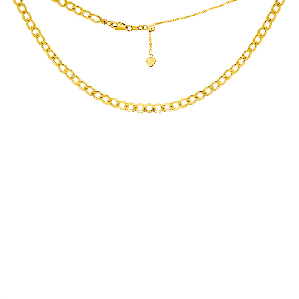 14K Yellow Gold Curb Chain Choker Necklace. Adjustable 10"-16"