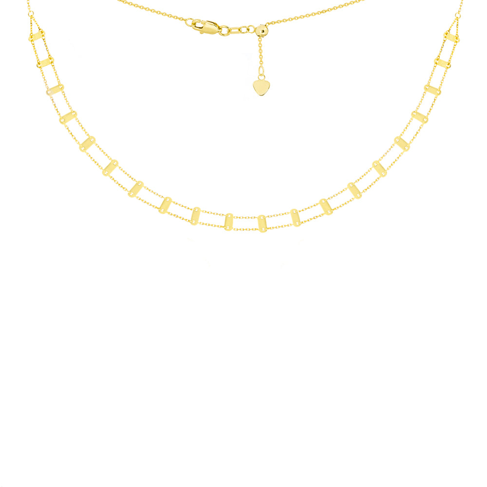 14K Yellow Gold Railroad Style Bar Choker Necklace. Adjustable 10"-16"