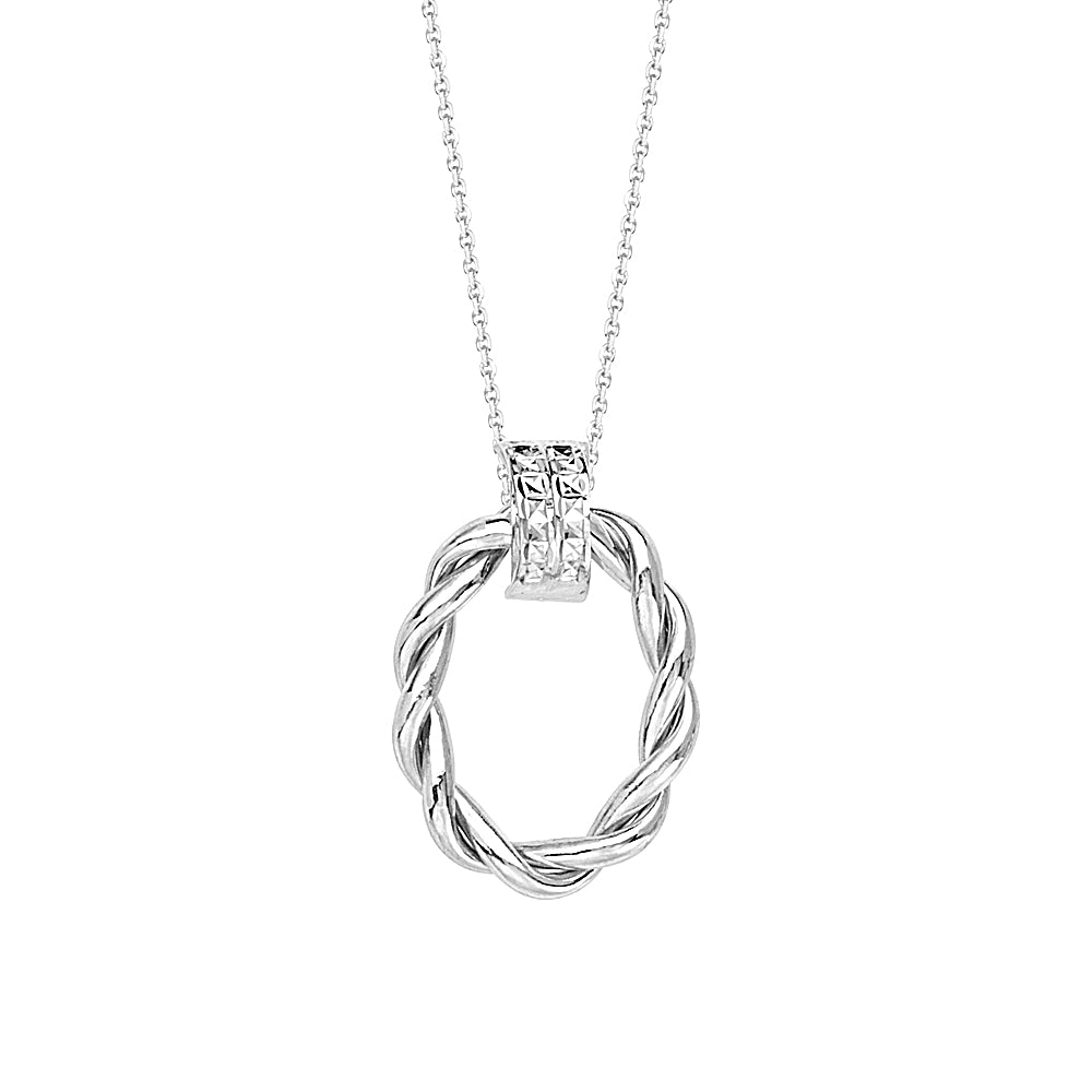 14K White Gold Diamond Cut Braided Oval Necklace. Adjustable Cable Chain 16"-18"