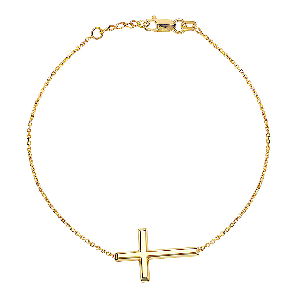 14K Yellow Gold Sideways Cross Bracelet. Adjustable Cable Chain 7" to 7.50"