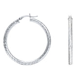 925 White Sterling Silver 3 mm Diamond Cut Round Hoop Earrings 1.4" Diameter