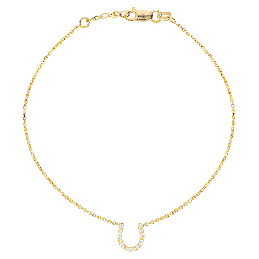 14K Yellow Gold Cubic Zirconia Lucky Horseshoe Bracelet. Adjustable Diamond Cut Cable Chain 7" to 7.50"
