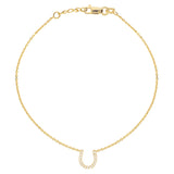14K Yellow Gold Cubic Zirconia Lucky Horseshoe Bracelet. Adjustable Diamond Cut Cable Chain 7