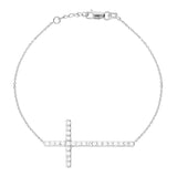 14K White Gold Sideways Cross Cubic Zirconia Bracelet. Adjustable Cable Chain 7" to 7.50"