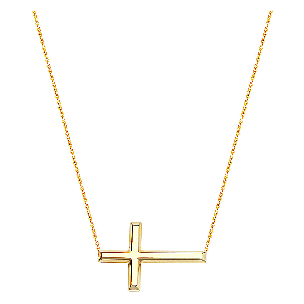 14K Yellow Gold Sideways Cross Necklace. Adjustable Cable Chain 16" to 18"