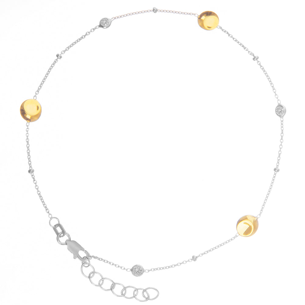 Yellow Gold and Rhodium Plated Sterling Silver Puff Plate & Yellow Gold Plated Beads Anklet 10" length