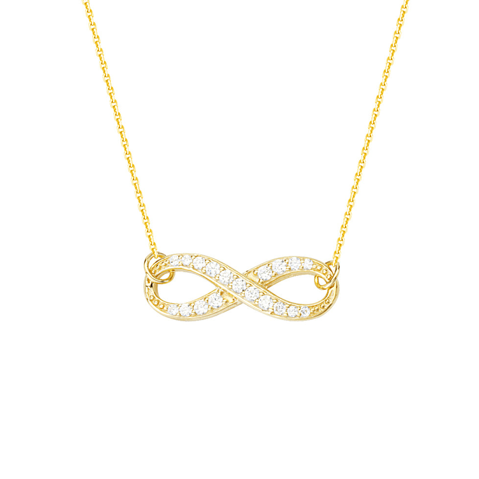 14K Yellow Gold Infinity Cubic Zirconia Necklace. Adjustable Cable Chain 16" to 18"