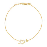 14K Yellow Gold Heart & Arrow Bracelet. Adjustable Diamond Cut Cable Chain 7" to 7.50"