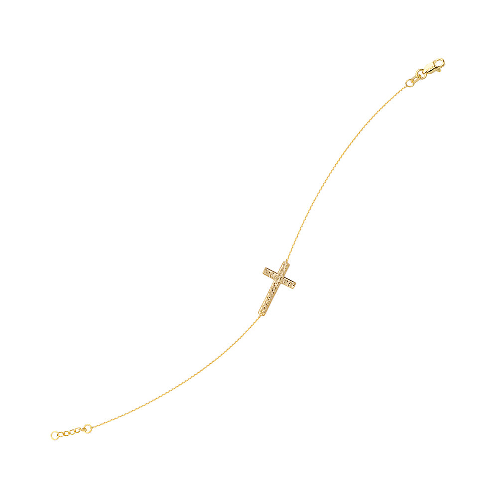 14K Yellow Gold Diamond Cut Sideways Cross Bracelet. Adjustable Cable Chain 7" to 7.50"
