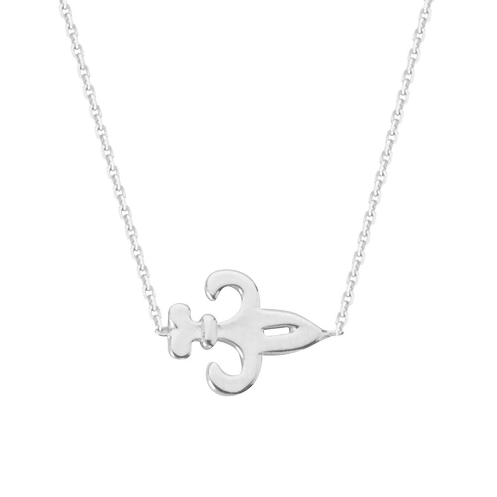 14K White Gold Cubic Zirconia Fleur De Lis Necklace. Adjustable Diamond Cut Cable Chain 16" to 18"