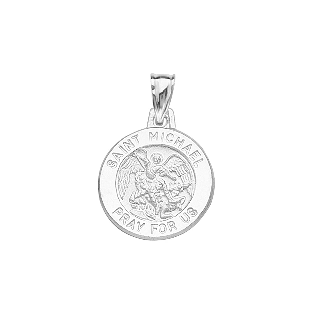 14K White Gold Saint Michael Round Medal With Text Saint Michael Pray for us