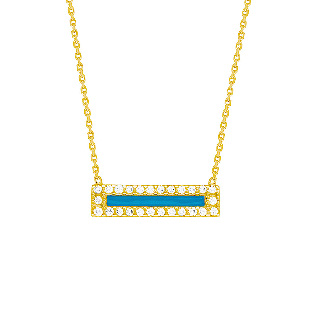 14K Yellow Gold Cubic Zirconia Blue Enamel Bar Necklace. Adjustable Diamond Cut Cable Chain 16" to 18"