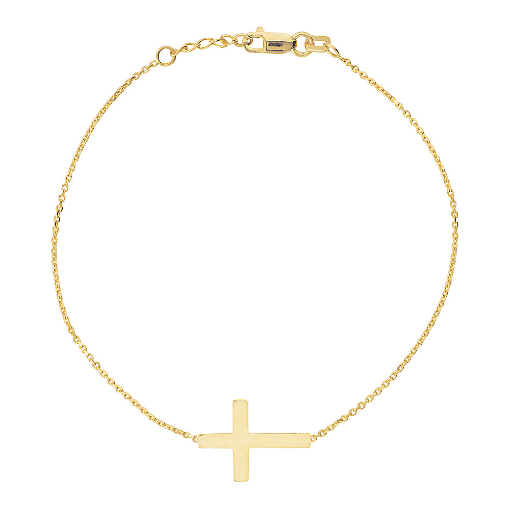 14K Yellow Gold Sideways Cross Bracelet. Adjustable Diamond Cut Cable Chain 7" to 7.50"