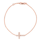 14K Rose Gold Cubic Zirconia Sideways Cross Bracelet. Adjustable Diamond Cut Cable Chain 7