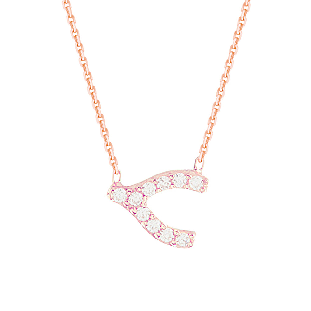 14K Rose Gold Cubic Zirconia Sideways Wishbone Necklace. Adjustable Diamond Cut Cable Chain 16" to 18"