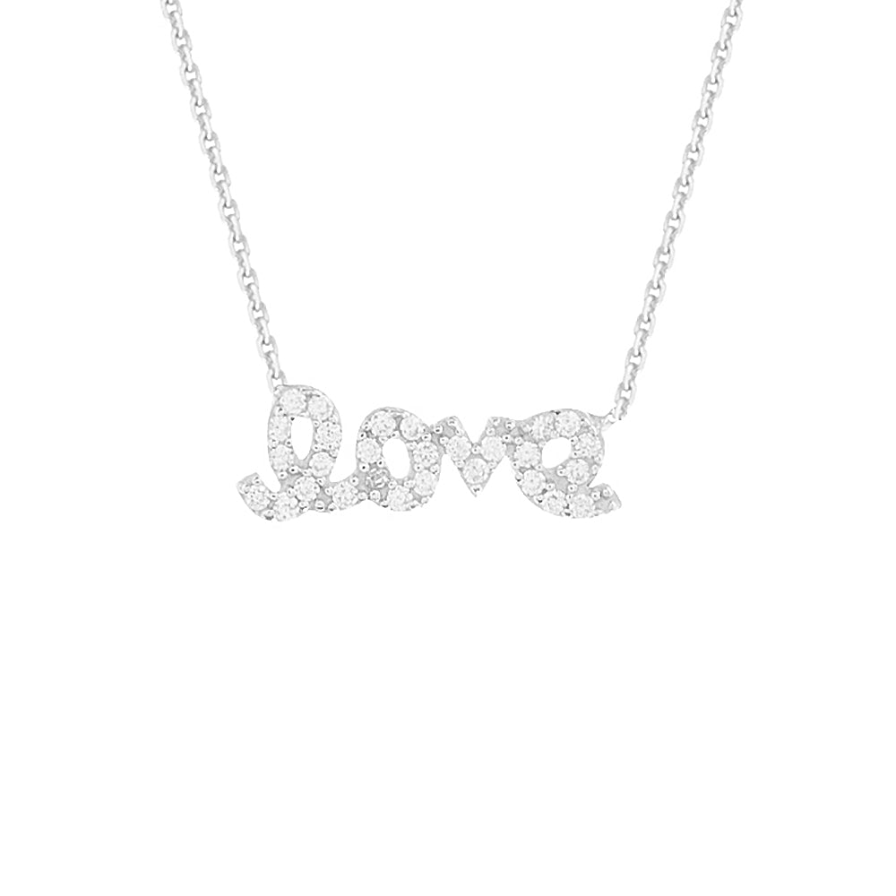 14K White Gold Cubic Zirconia Love Necklace. Adjustable Diamond Cut Cable Chain 16" to 18"