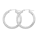 10K White Gold 3 mm Diamond Cut Hoop Earrings 0.8" Diameter