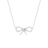 14K White Gold Bow Tie Cubic Zirconia Necklace. Adjustable Cable Chain 16" to 18"