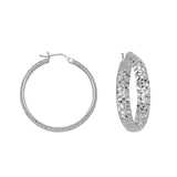 925 White Sterling Silver 4 mm Inside & Outside Diamond Cut Hoop Earrings 0.8" Diameter