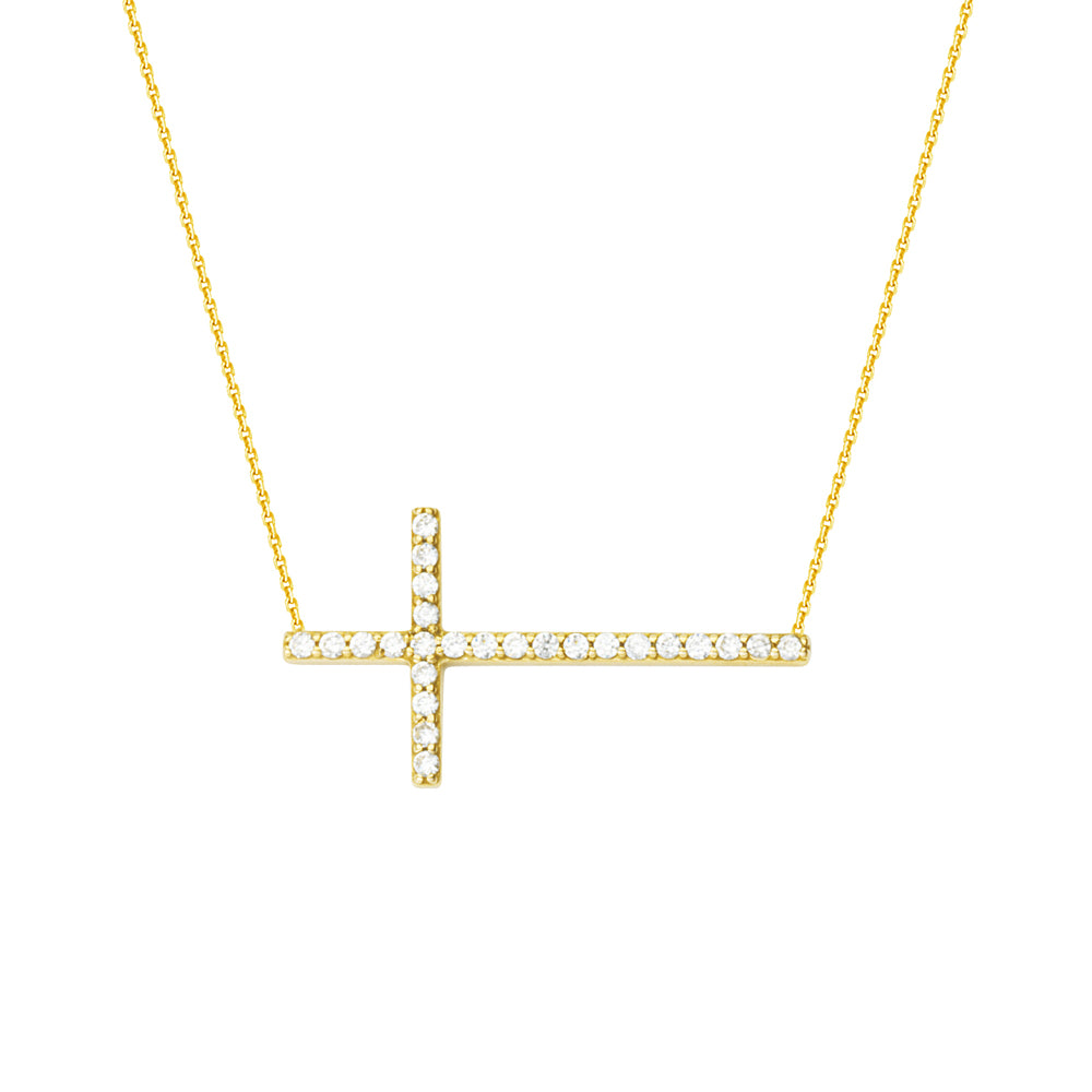 14K Yellow Gold Sideways Cross Cubic Zirconia Necklace. Adjustable Cable Chain 16" to 18"